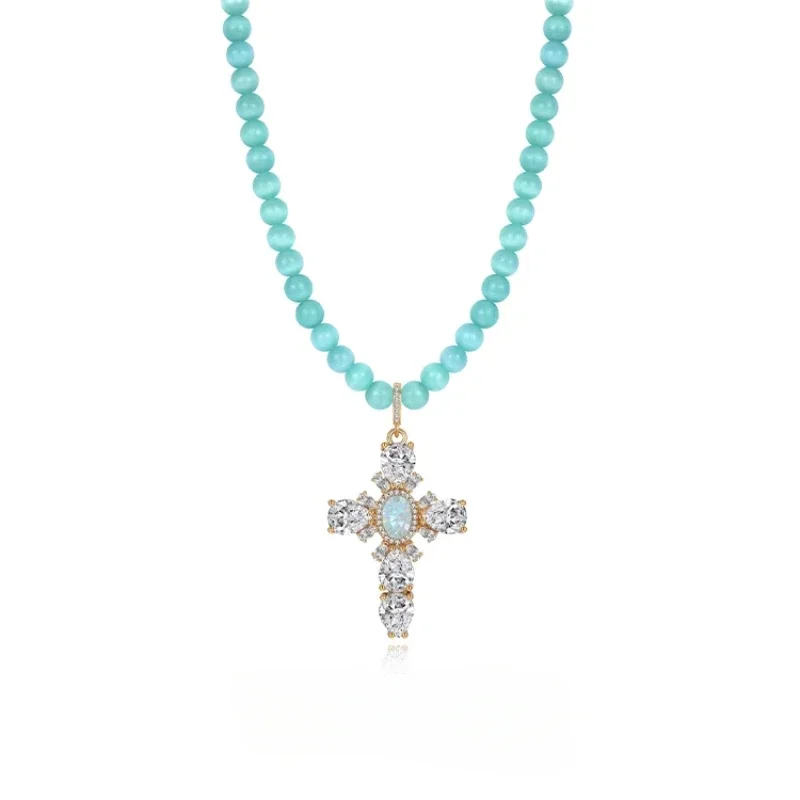 

Female Spice Girl Niche Design Diamond Cross Pendant Pearl Bead Chain