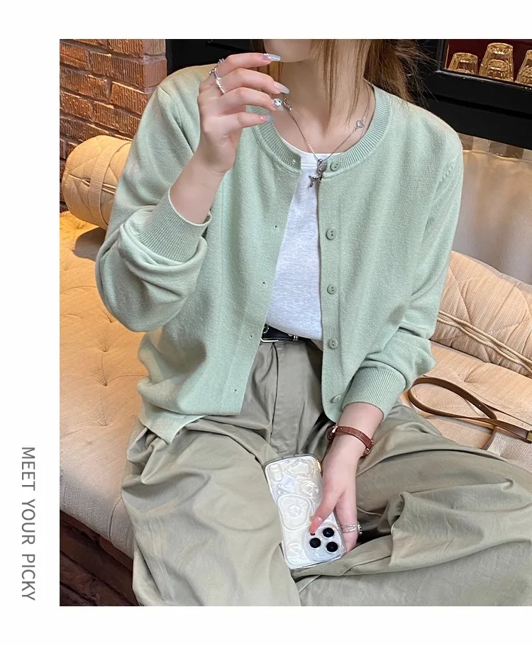 2026 Women Cardigans Sweater Casual Warm Spring Summer O-neck Long Sleeve Single Breasted Slim Fashion Korean Knitwears Tops