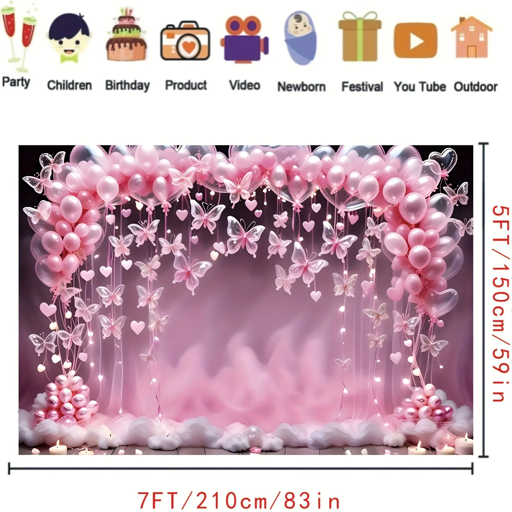 Pink Butterfly & Balloon Celebration Backdrop With Heart Lights & Clouds - Photography Prop For Birthdays & Special Occasions