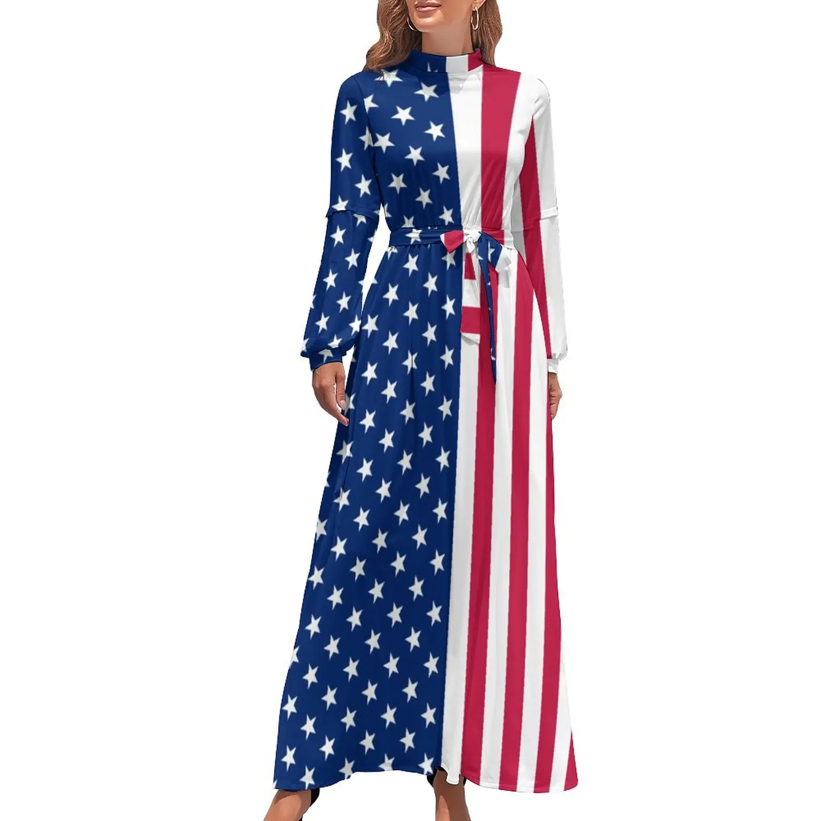 Red White Blue Star Dress Patriotic USA Flag Aesthetic Bohemia Dresses Ladies Long-Sleeve High Neck Elegant Long Maxi Dress