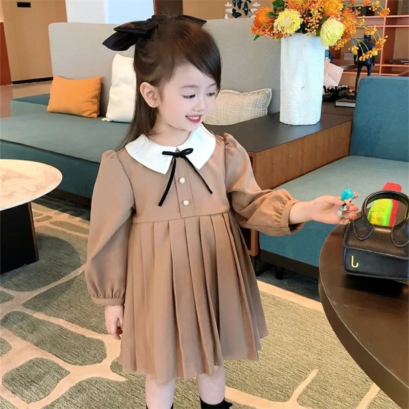 Girl Dress Spring Autumn Baby Children Clothing Personality Tide Korean Fashionable Doll Collar Princess Pleated 2024