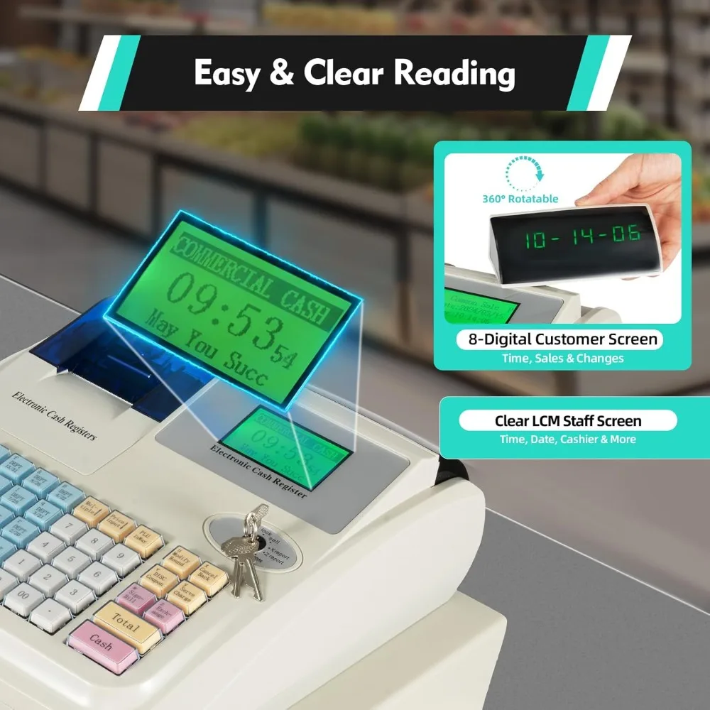 

48 Keys Cash Register Electronic Pos System Cash Register w/Drawer Cash Box LED Display White Cashier Register with Keyboard