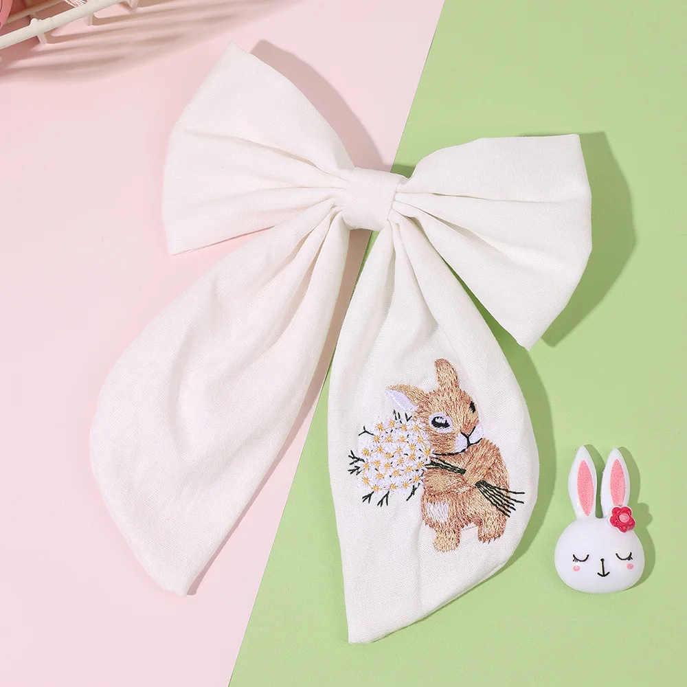24pcs/lot 5-Inch Cotton Fable Bow Hair Clips Baby Girls Rabbit Embroidered Barrettes Easter Themed Hair Accessories Bulk Pack view 5