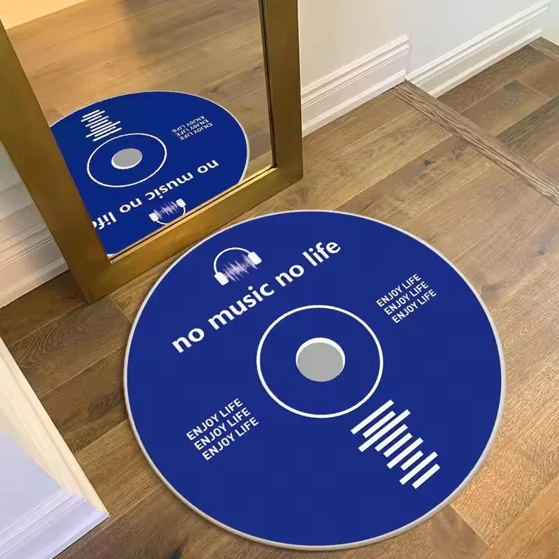Blue CD Record No Music No Life Round Rug Non Slip Soft Washable Circular Floor Mat for Bedroom Entrance Music Lovers Decor