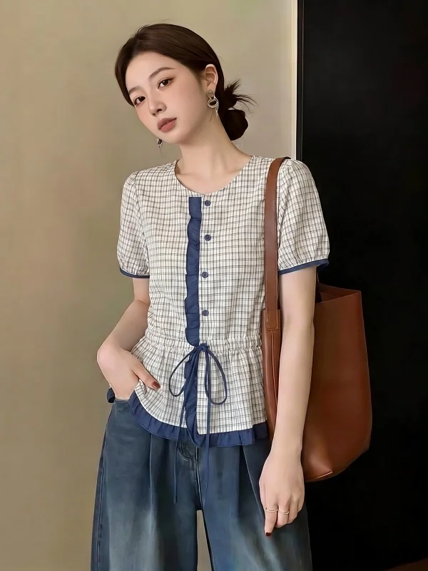 

Summer New Plaid Short Sleeve Shirt Women's Large Size Doll Shirt Drawstring Waist Korean Style Bubble Sleeve Commute Style