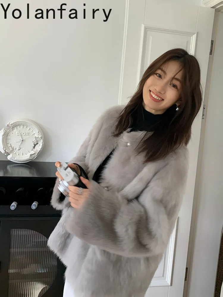 YOLANFAIRY Luxury Real Fur Coat Women Elegant Round Neck Natural Sheep Shearling Coats Korean Style Loose Genuine Leather Jacket