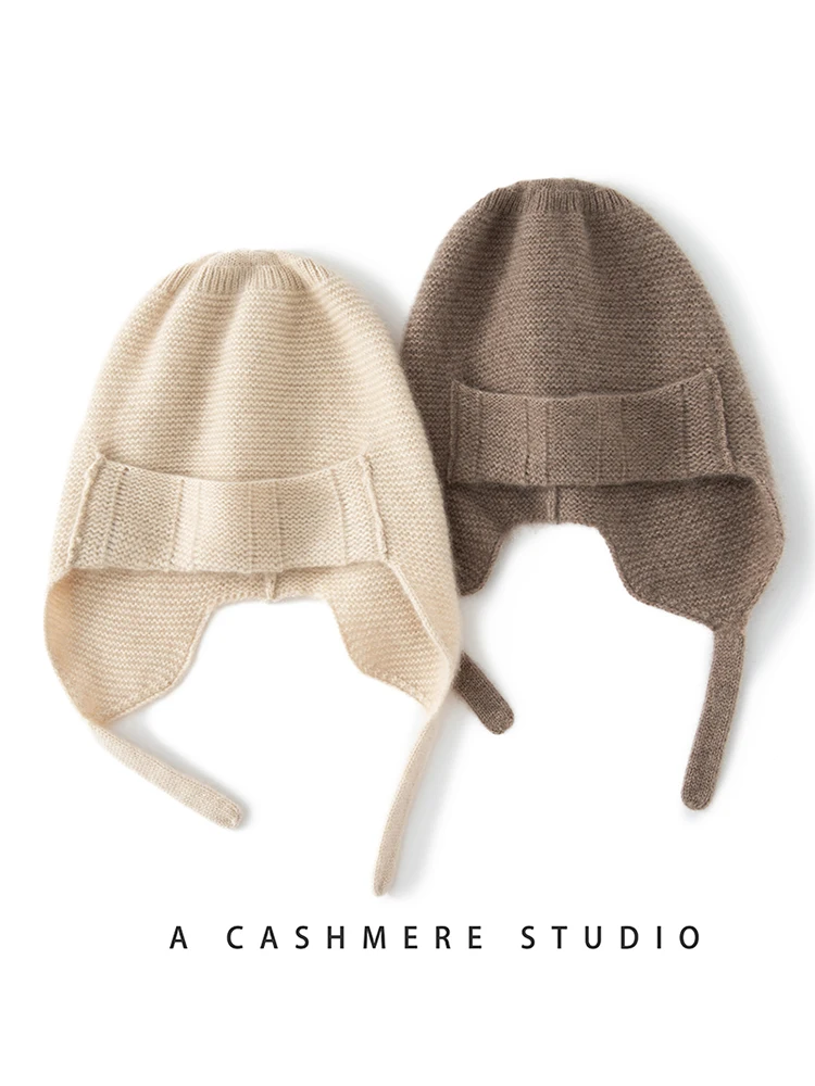 Cashmere Knitted Bomber Hat Warm Thick Earmuff Russian Aviator Caps Purl Stitch Earflaps Pashmina Autumn Winter For Women Men