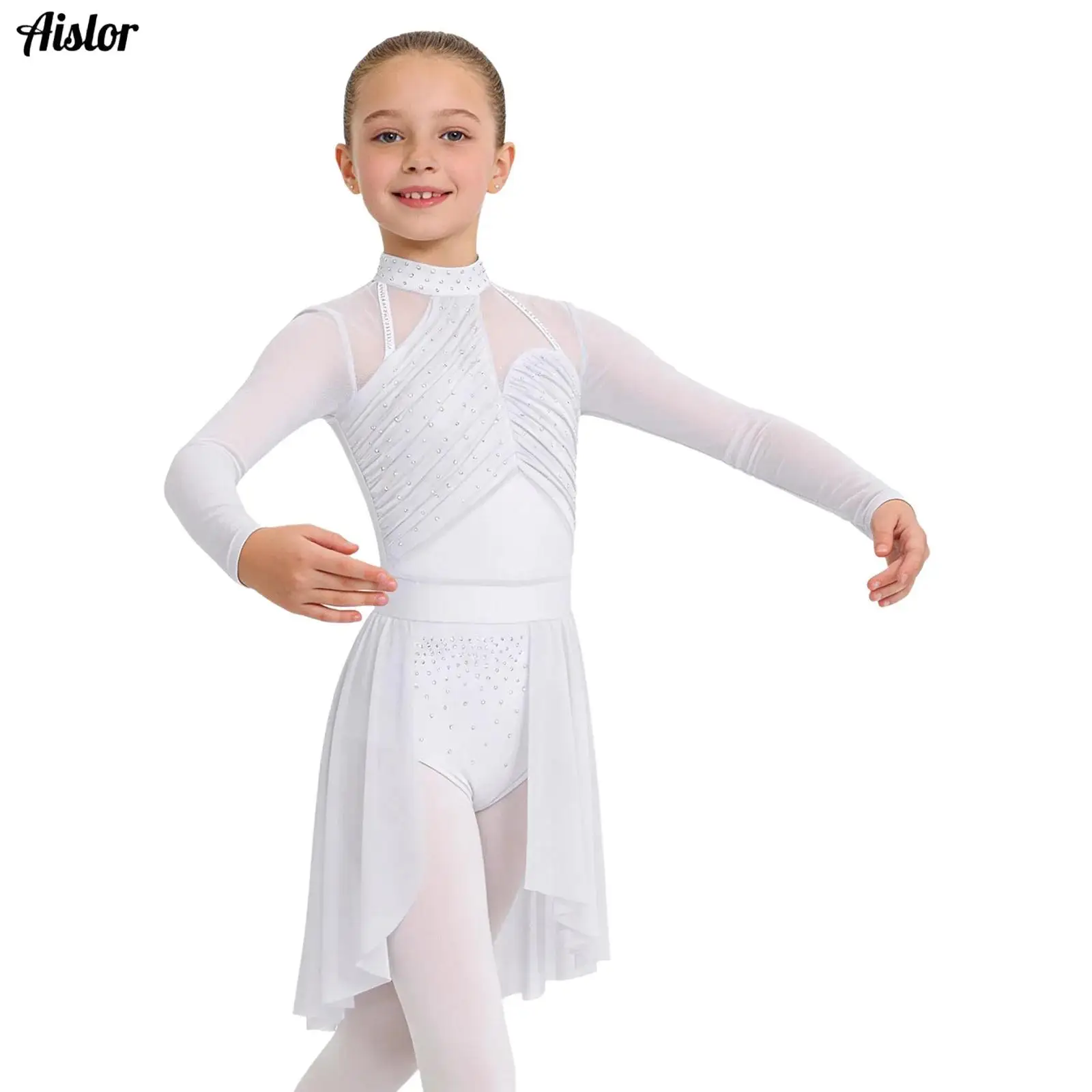

Kids Girls Sparkly Rhinestone Ballet Jersey Gymnastics Artistic Figure Skating Performance Costume Ballerina Tutu Tights Dress