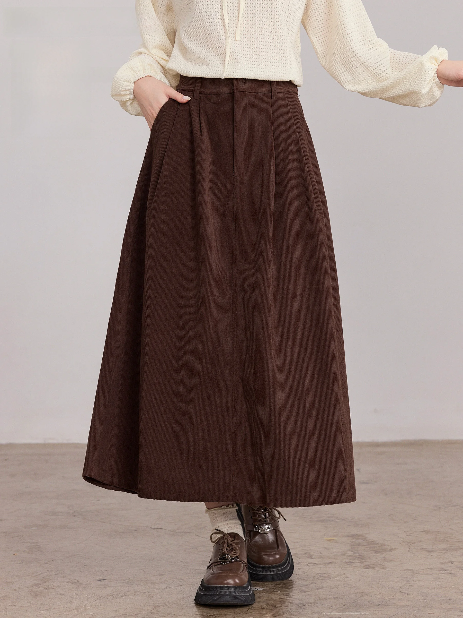 

Женская юбка А-силуэта на осень-зиму, с высокой талией, плиссированная, из вельвета, кофейного цвета, повседневная, приталенная, китайский бренд Lingjiu