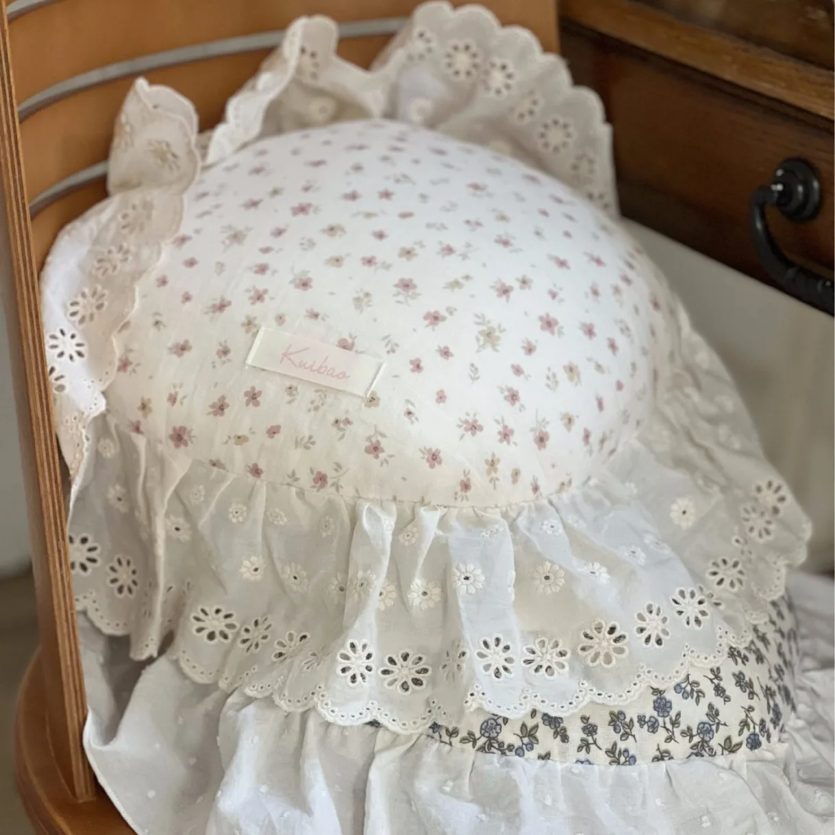 French retro small round throw pillow 100% cotton lumbar pillow with ruffled edges floral cushion backrest