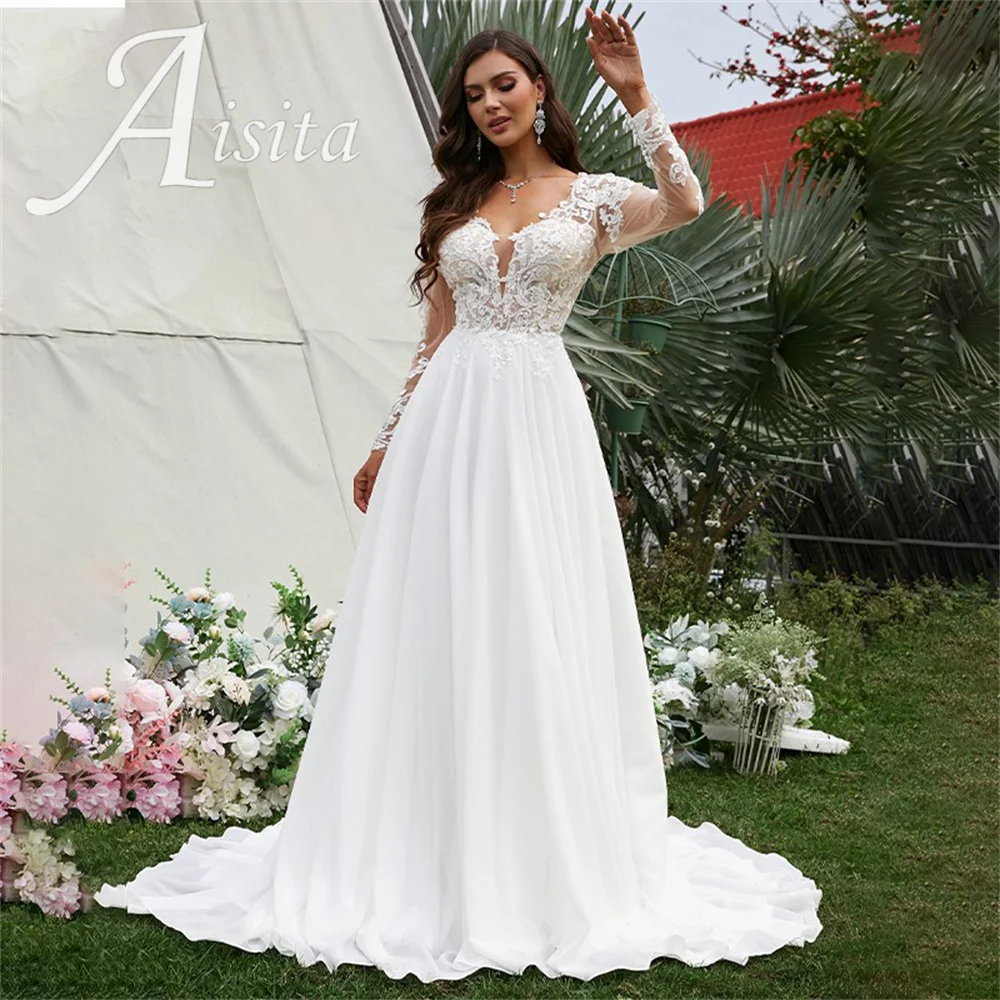 Princess A-line Bride Dresses V Neck Long Sleeves Sweep Train Chiffon Wedding Dresses For Woman Wedding Dress Vestidos De Novia