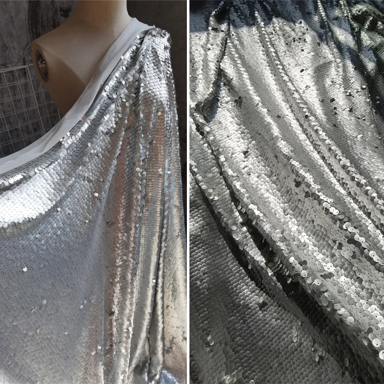 Metallic Fish Scale Stage Silver Sequin Fabric for Clothing  Wedding Dress Garmen Designer Wide 130cm Sold By The Half Meter