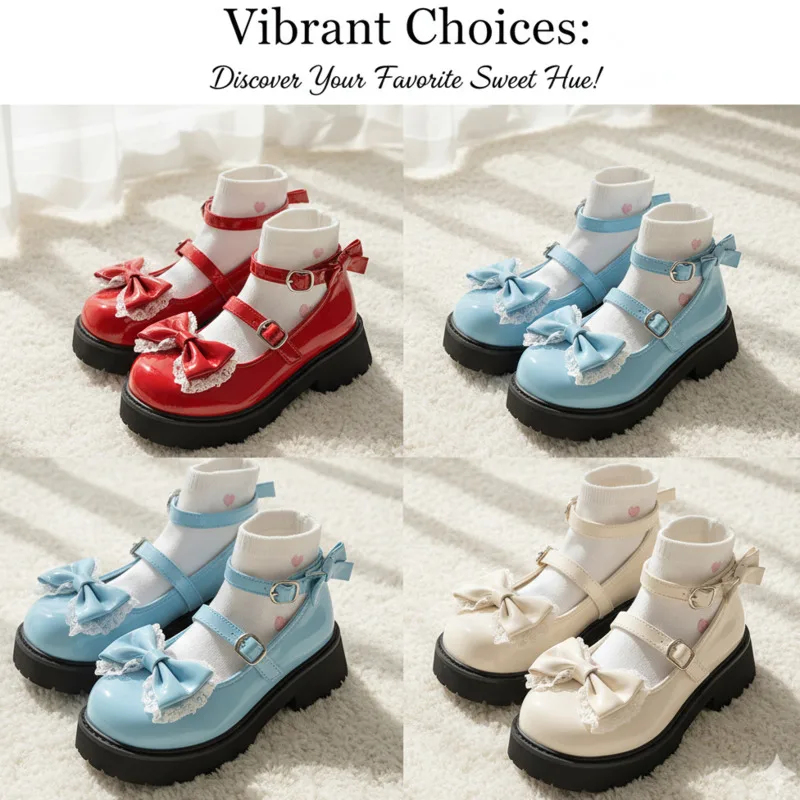 Mary Jane Shoes Bow Y2K Lolita Cute Platform Pumps Thick Sole Heart Bowknot Pumps Height Increasing Shoes Women Yellow Blue New