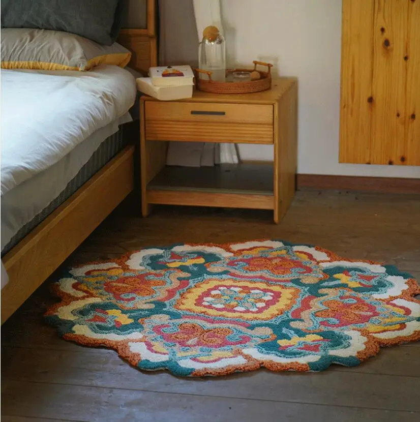 American Handmade Living Room Flower Shaped Carpet Thicken Floral Bedroom Mat Cloakroom Luxury Lambs Wool Carpet Cashmere Rugs