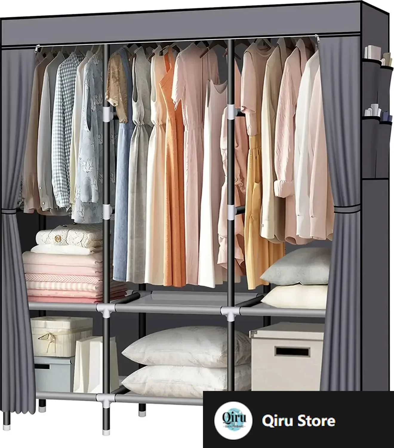 

Portable Closet, 61-Inch Portable Wardrobe with 3 Hanging Rods and 6 Storage Shelves, Non-woven Fabric, Stable and Easy Assembly