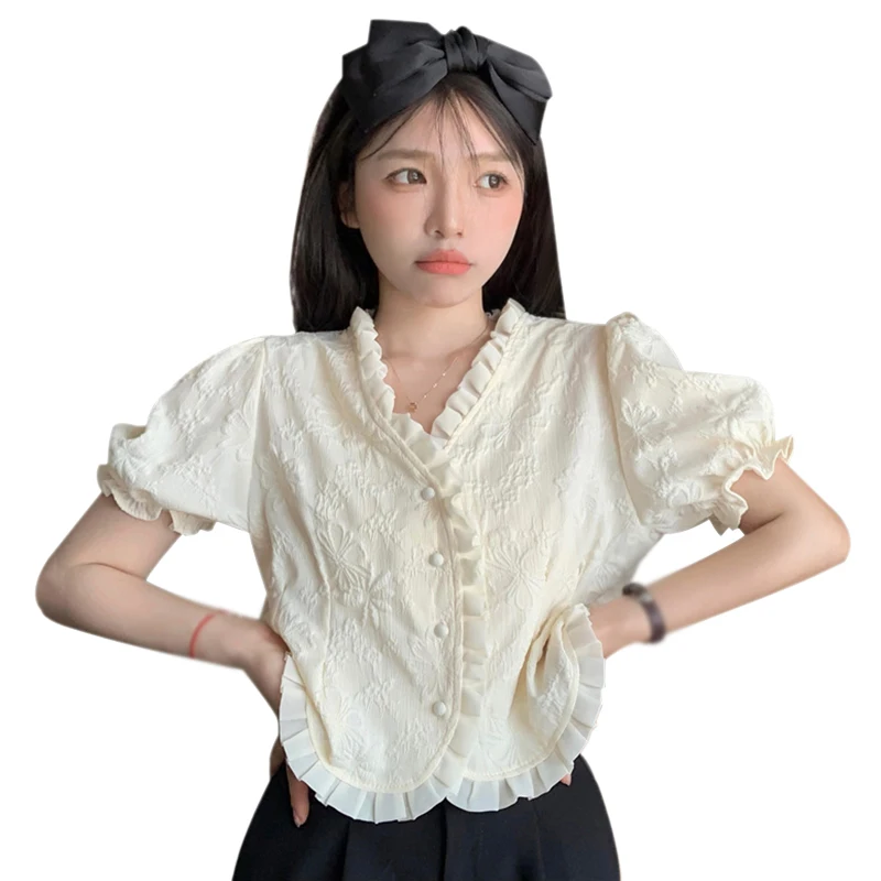 Sweet V Neck Casual Loose Fit Blouse For Women Korean Version Fashion Puff Short Sleeves Summer Soft Breathable Casual Crop Top