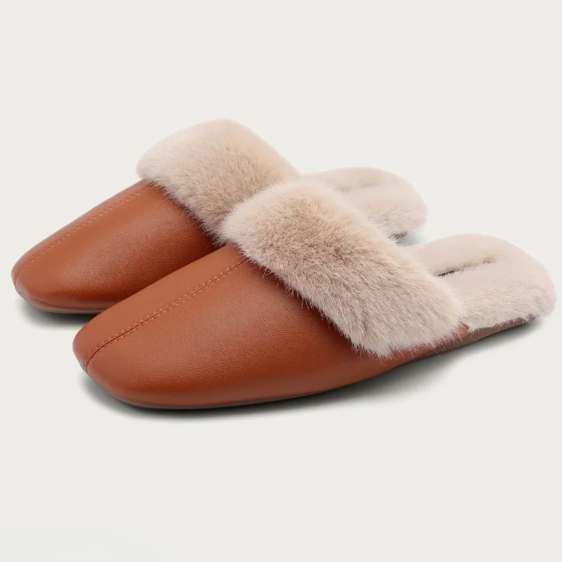 

Fake Fur Warm Women Home Slippers Comfort Non-slip Indoor Slides Female Fashion Pu Leather Winter Fluffy Cotton Shoes Pantuflas