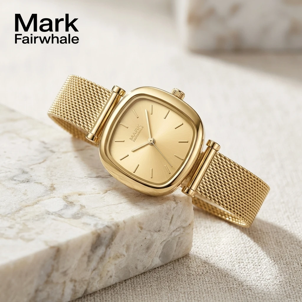 Mark Fairwhale Women Quartz Watch Minimalist Square Dial Mesh Strap Elegant Ladies Wristwatch