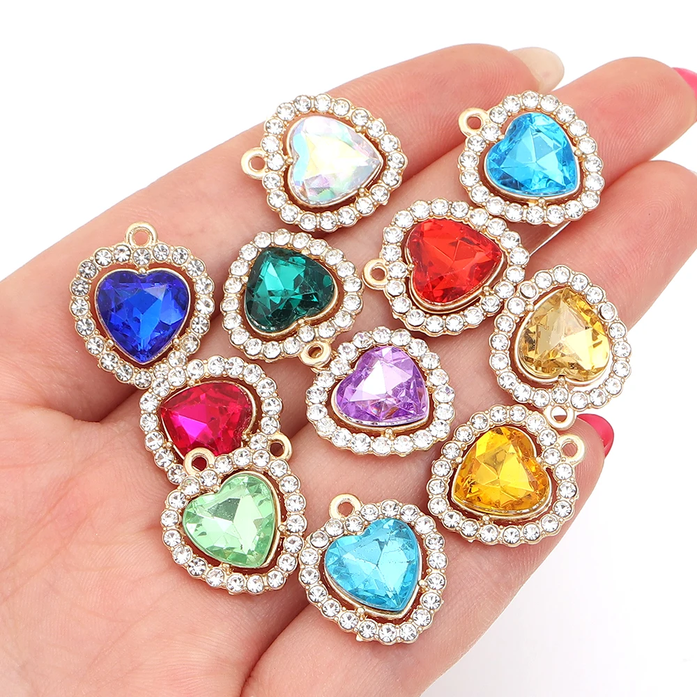 10Pcs Multicolor Crystal Love Heart Charms For Women Girls Jewelry Making DIY Sweet Romantic Love Heart Pendant Necklace Crafts view 3