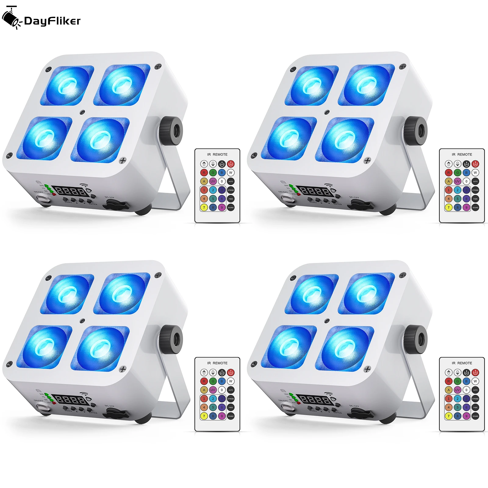 

DayFlicker 4Pcs 40W RGBWA+UV 4-LED Par Light with 5200mAh Battery Features 16.7 Million Colors Supporting DMX512 for DJ Party