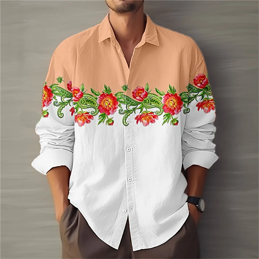 

2024 New Men's Long sleeved Shirt Button Trendy Geometric Fragmented Flower Clear Pattern Soft and Comfortable Clothing S-6XL