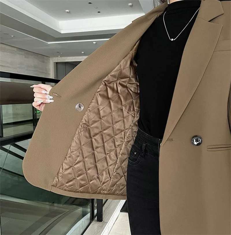 New 2024 Black Coffee Women Suit Jacket Female Blazer Autumn Winter Thick Add Cotton Casual Temperament Keep Warm Outerwear Top