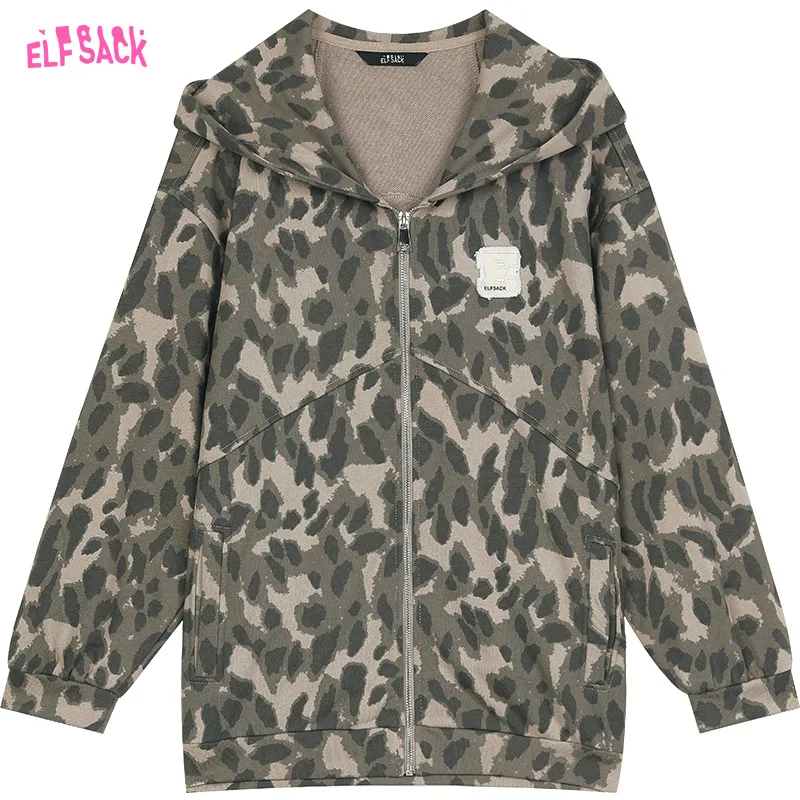 2024 Autumn ELFSACK New Arrivals American retro leopard print loose sports casual hooded sweatshirt jacket for women