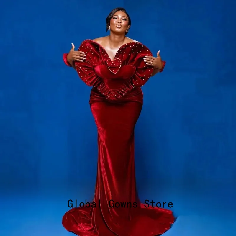 

Aso Ebi Hearted Velvet Evewning Dress Long Elegant Velour Pleated Beads Prom Gown Mermaid Dark Red Prom Dresses with Sleeves