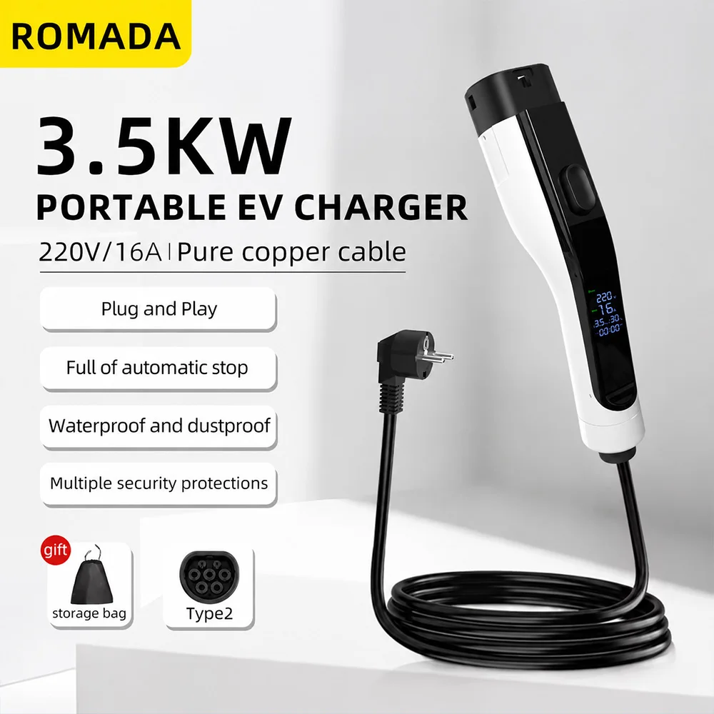NEW ROMADA 3.5KW 16A Portable EV Charger with 3M-10M Cable IEC62196 TYPE2 EVSE EU Plug Safe Charging for Electric Vehicles