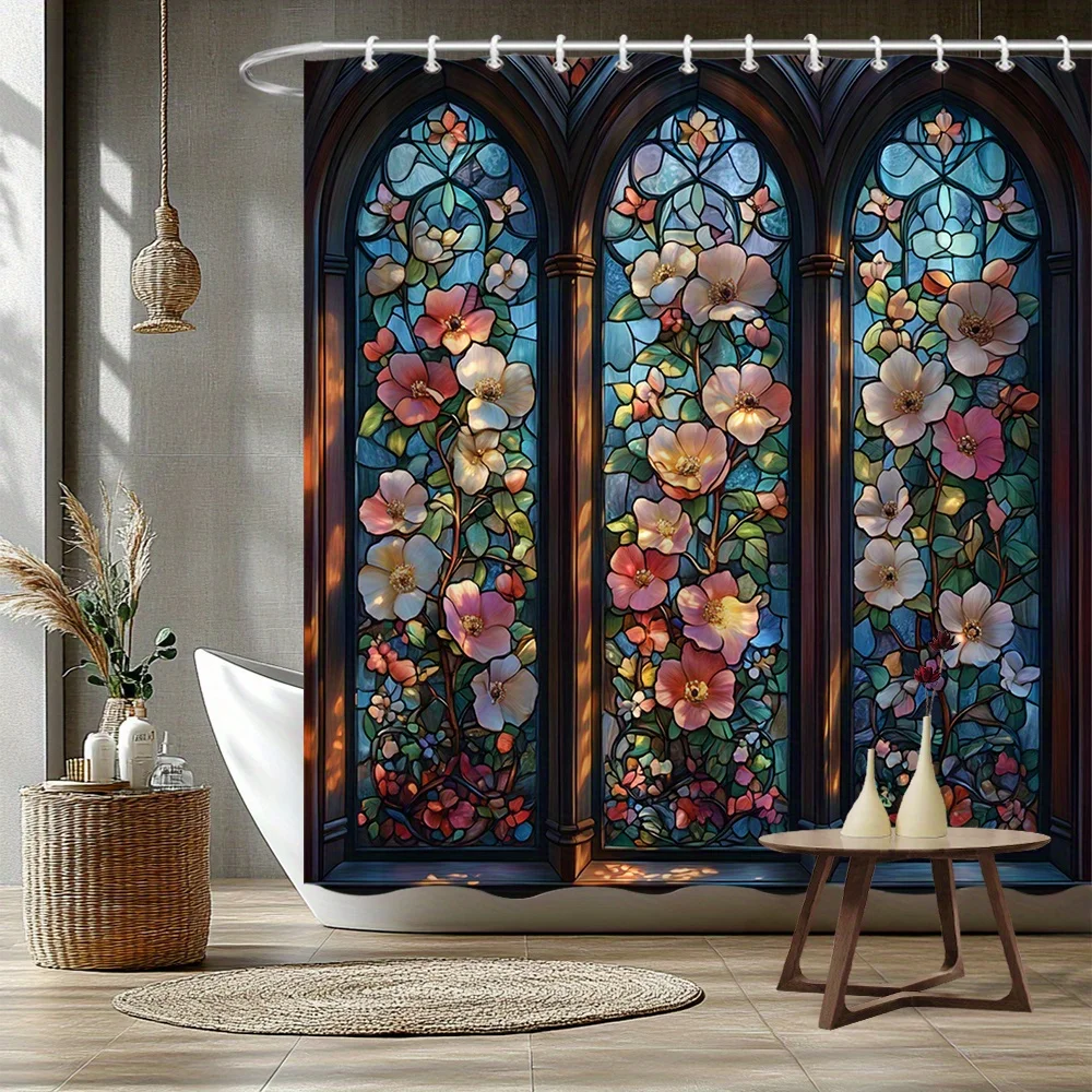 1pc Floral Stained Glass Shower Curtain Elegant Flower Pattern Vintage Bathroom Decor Polyester Fabric Bath Hanging Curtain Set