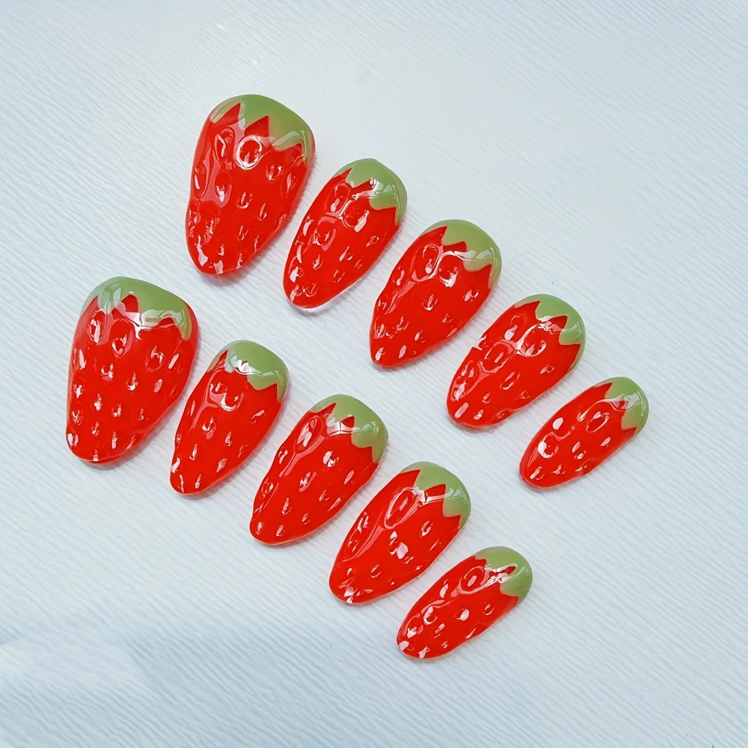 10pcs high-end Short stereoscopic white temperament gradient handmade fake nails, Artificial three-dimensional jelly strawberry
