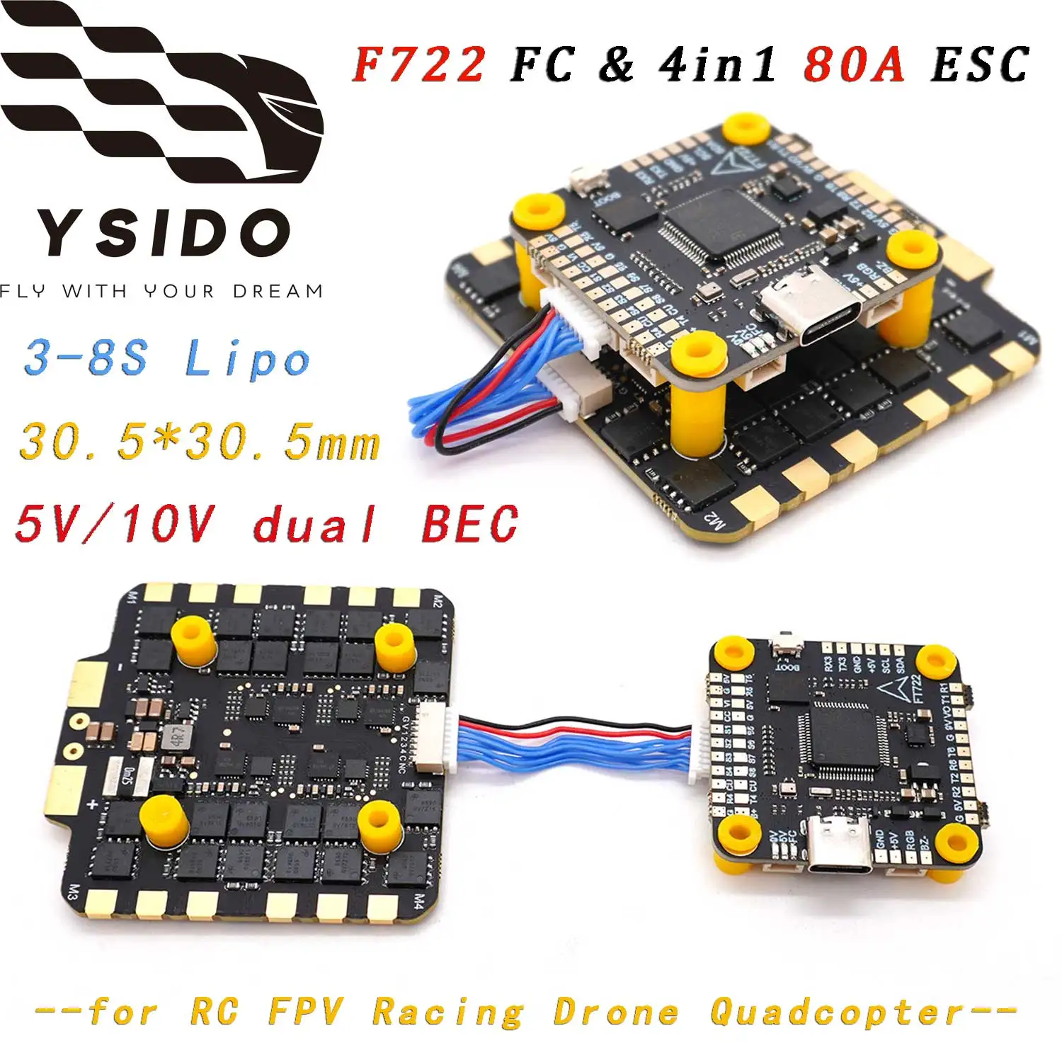 

30.5*30.5mm F7 F722 Flight Controller 80A 4in1 BLheli_S ESC Stacks Built-in Low-noise Button for RC FPV Racing Drone Quadcopter