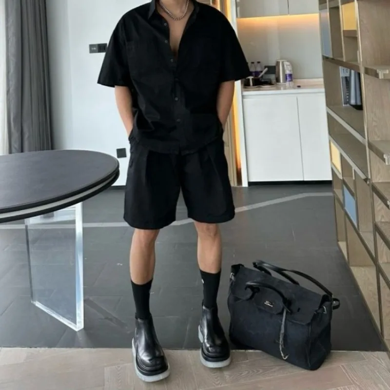 

Комплект из рубашки и шорт в американском уличном стиле для мужчин, больших размеров (до 150 кг), свободного кроя, для городского шика, повседневный летний наряд