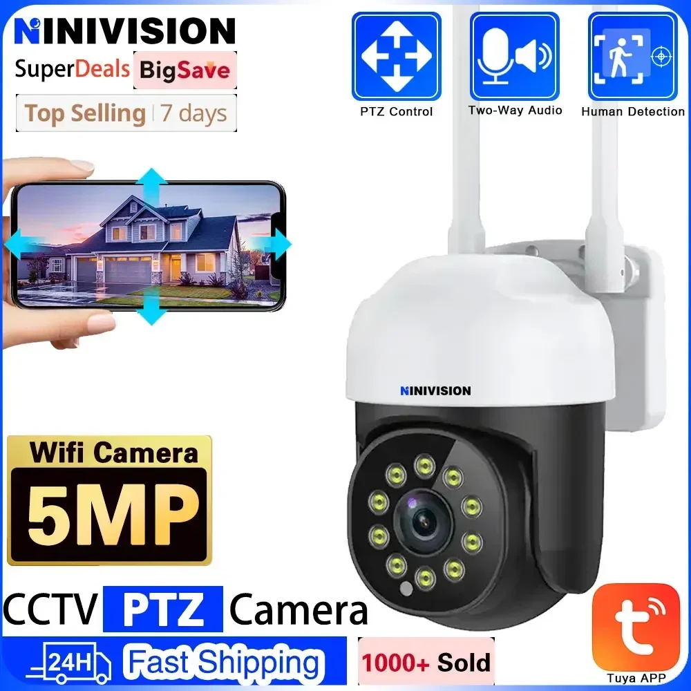 

5MP 2.4G Wifi PTZ Camera 4x Digital Zoom AI Human Detection Tracking Wireless IP Camera IP66 Waterproof Full Color Night Vision