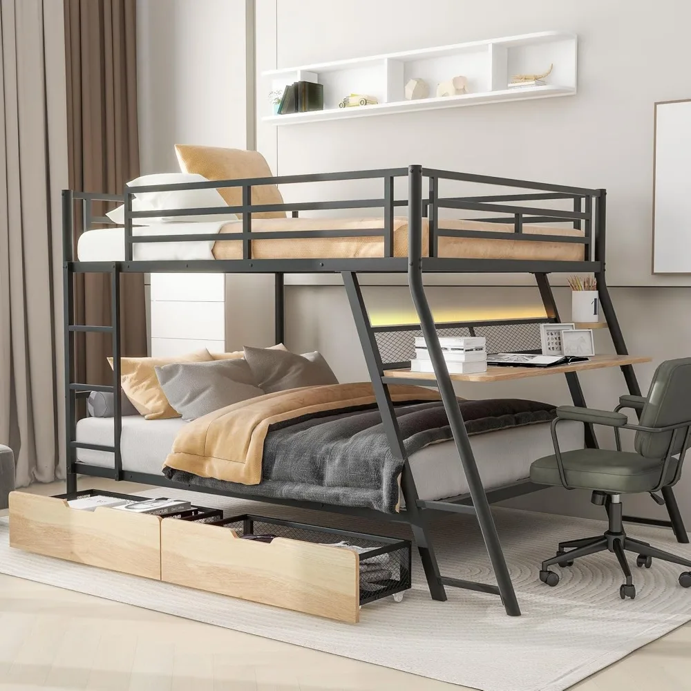 

Metal Bunk Bed Full Over Full Bunk Beds with Built-in Desk, Ligth and 2 Storage Drawers, No Box Spring Needed, Black