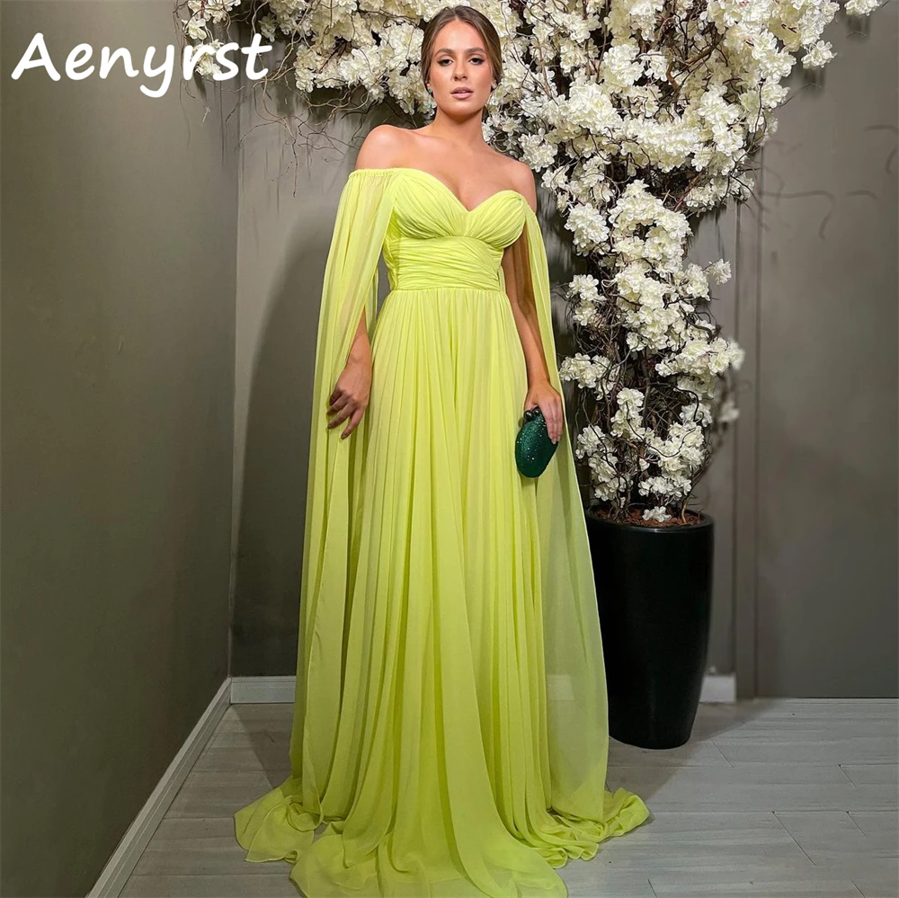 Aenyrst Yellow Off Shoulder Long Cap Sleeves Prom Gown Chiffon customized A Line Evening Gowns Floor Length Dinner Party Dress