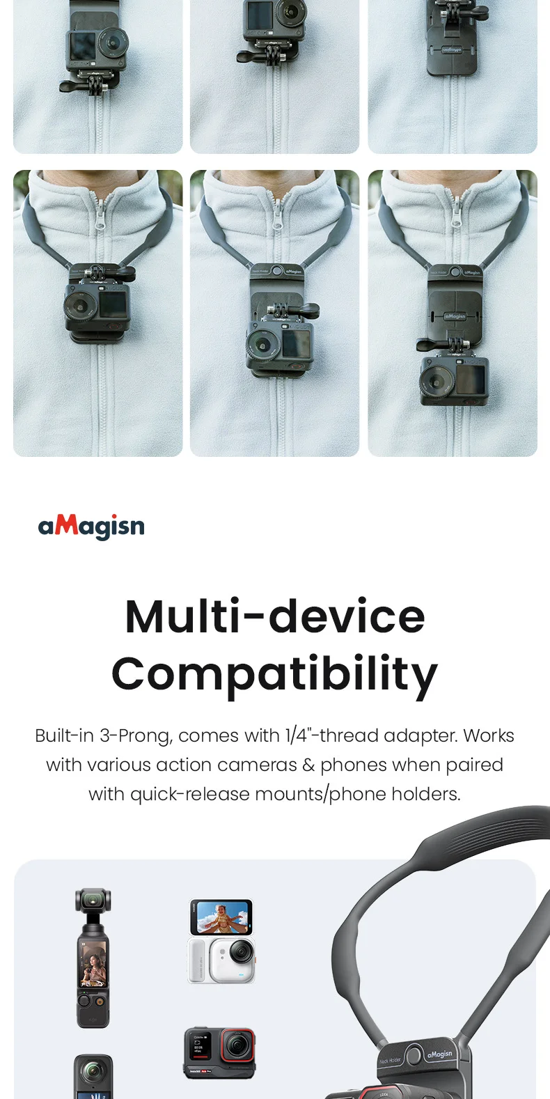 aMagisn AM21/AM56 Unsichtbare Magnetische Nackenhalterung für Actionkamera und Mobiltelefon-Ständer AM25/AM57 – Detail 9