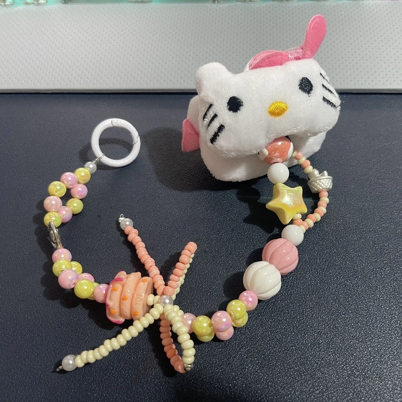 Sanrio Cute Keychain Anime Figure Hello Kitty Music Chain Creative Beaded Lane Phone Chain Backpack Lanyard Kawaii Girl Gift