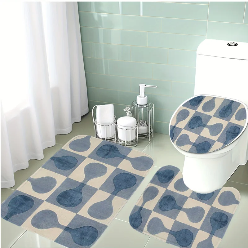 

3pcs Beige & Navy Blue Bath and Toilet Cover - Non-Slip Soft Suitable for Modern Bathrooms, Thick Cushioned Mat with U-Shaped