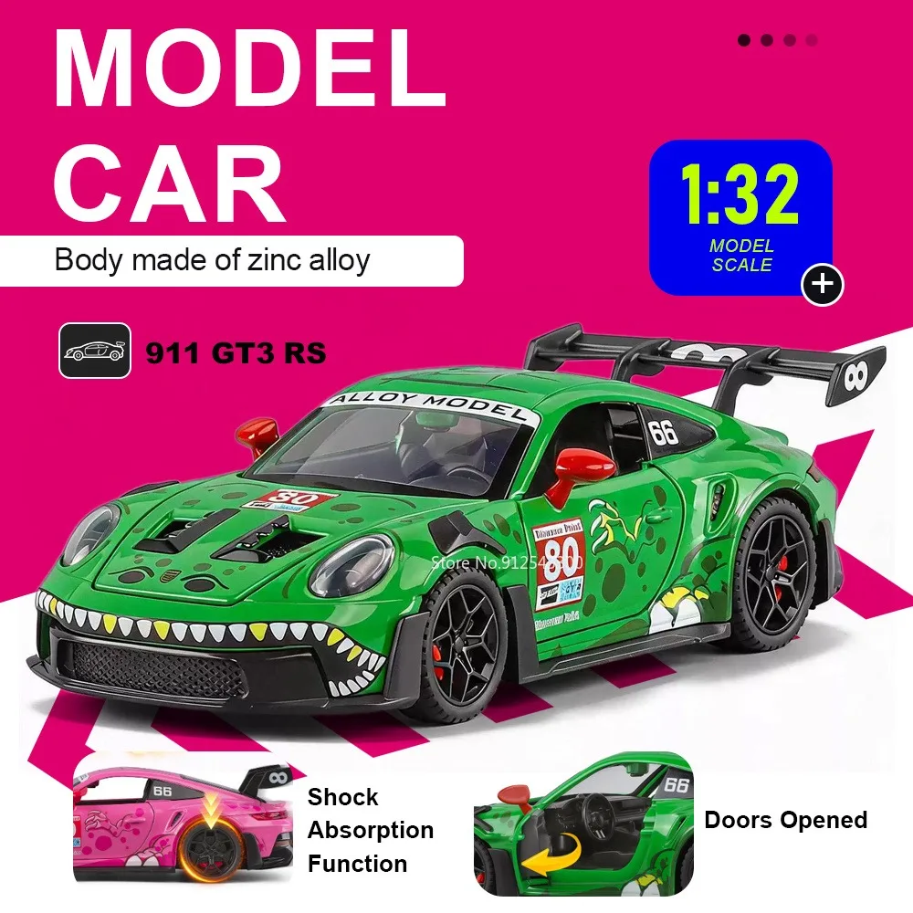 1:32 Scale 911 GT3 RS Targa Car Model Toy Doors Opened Sound Light Models Shock Absorption Alloy Diecast Vehicle Ideal Presents