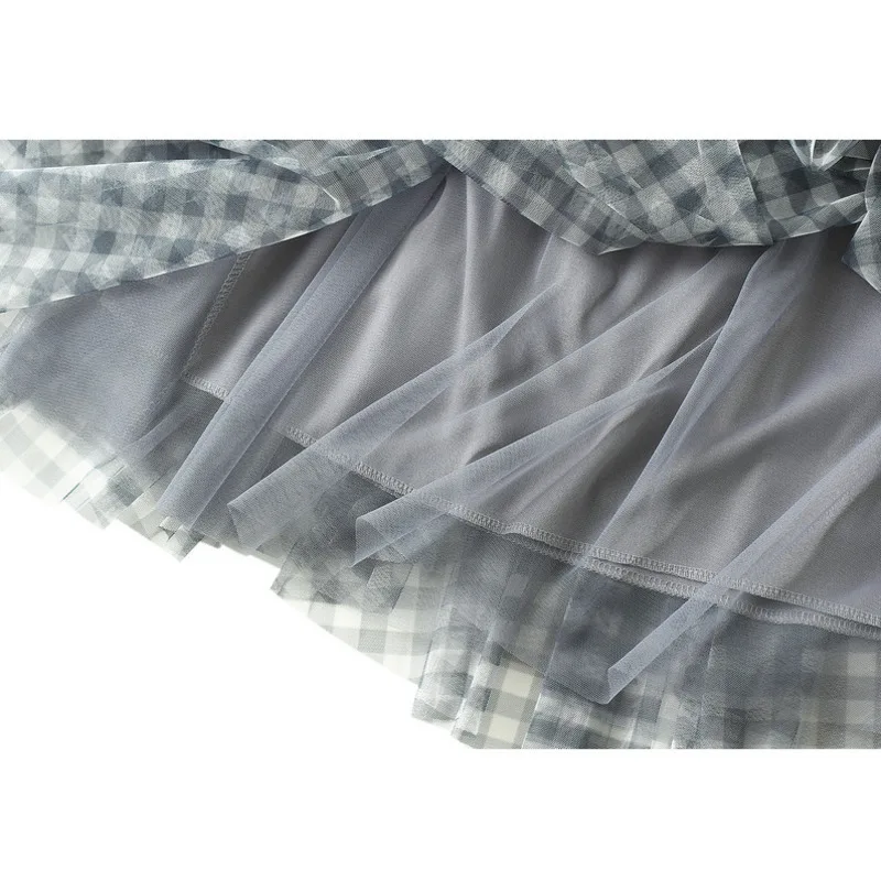 ヴィンテージ風チェック柄ストライプメッシュハイウエストカジュアルミディ丈ロングスカート レディース 2025春夏 チュールAラインエレガントスカート