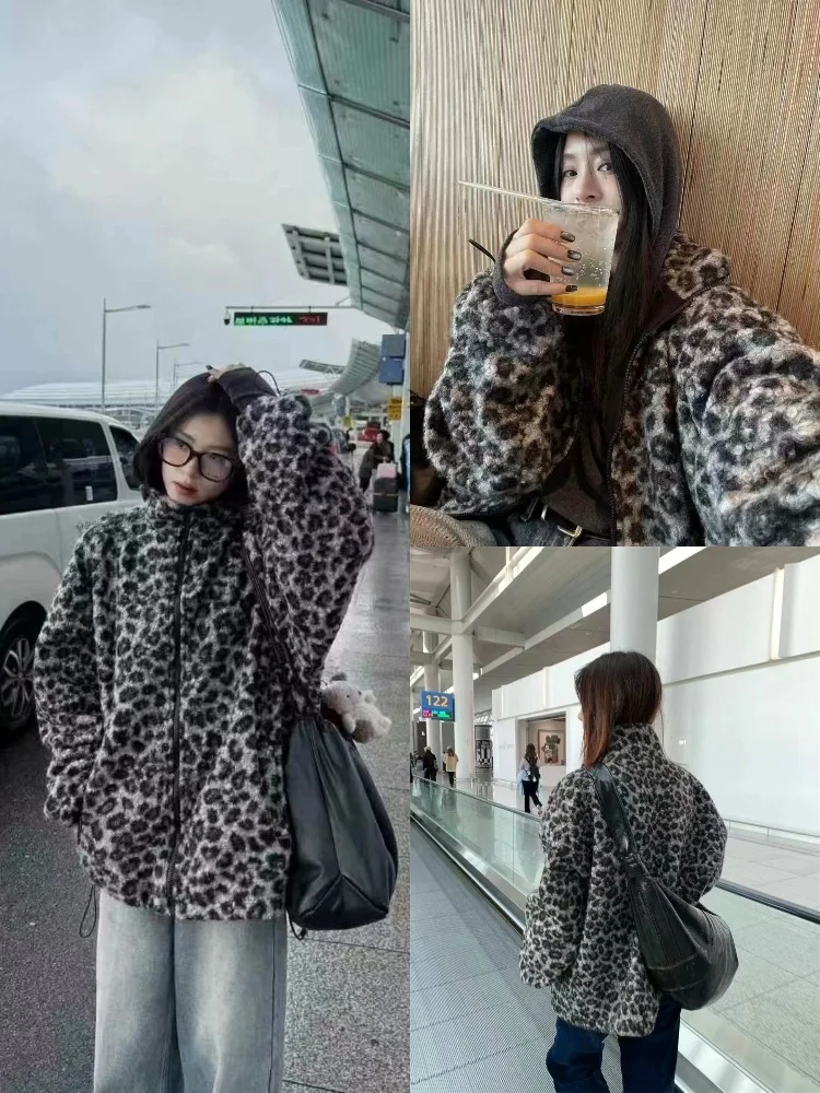 

Женское пальто на молнии с леопардовым принтом в стиле ретро, свободное пальто с воротником-стойкой, повседневная зимняя верхняя одежда, модная женская куртка