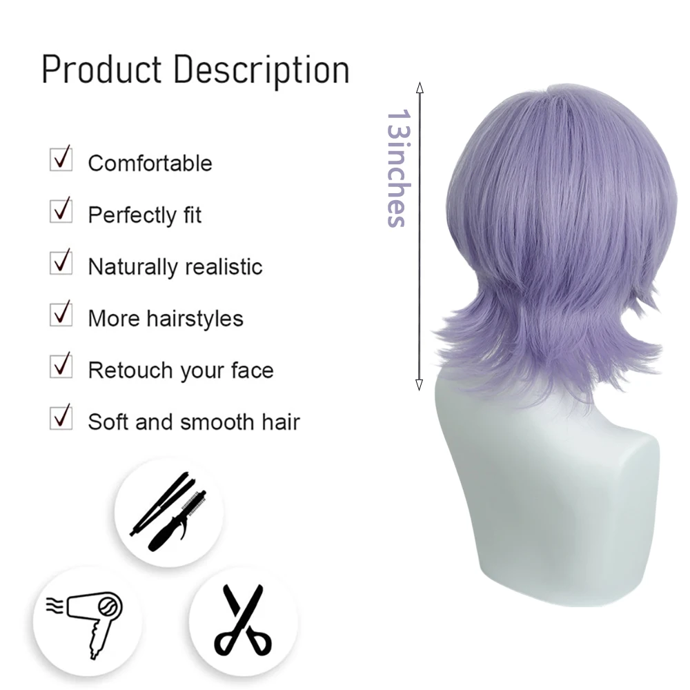 Anime Cosplay Wig Light Purple Short Layered Shaggy Wig Unisex Fluffy Natural Heat Resistant Synthetic Hair For Costume Party