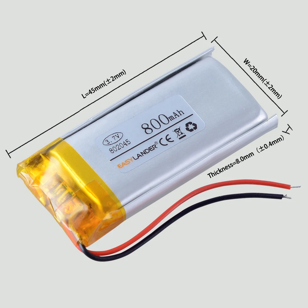 802045 3.7V 800mAh Rechargeable Lithium Li-ion Polymer Battery 402045 602045 702045 102045