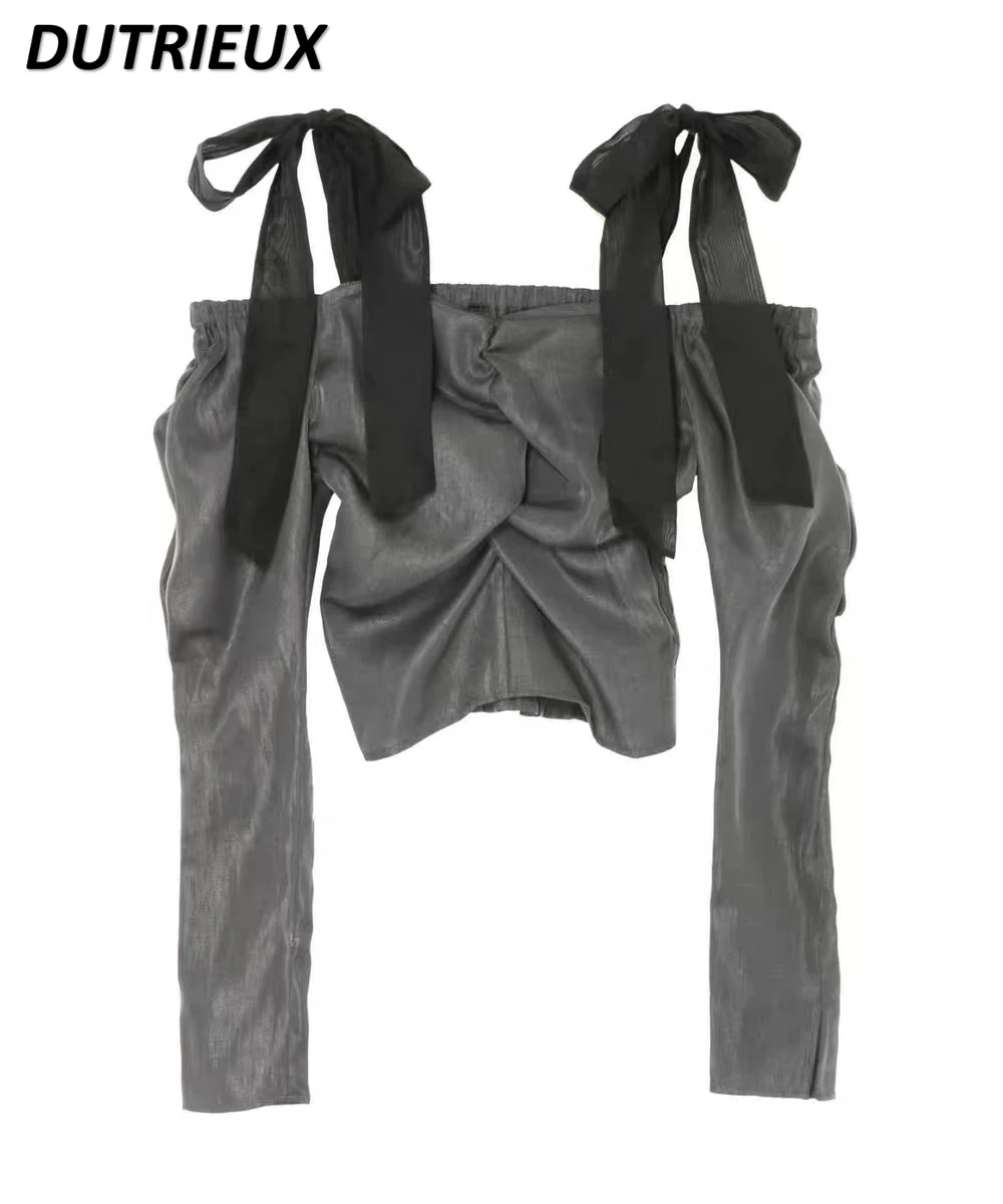 Primavera y otoño nuevo diseño fuera del hombro Top con cordones dulce linda blusa para niñas Color sólido manga larga Camisa corta versátil