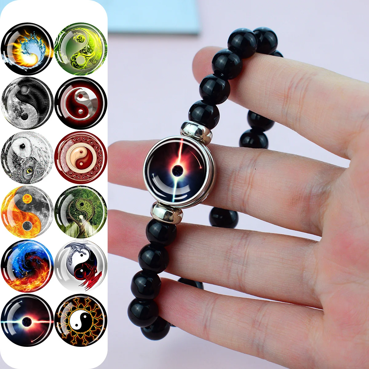 1PC Yin Yang Eight Trigrams Theme Pattern Bracelet, Detachable Pendant Replacement Design, Black Elastic Bead Bracelet