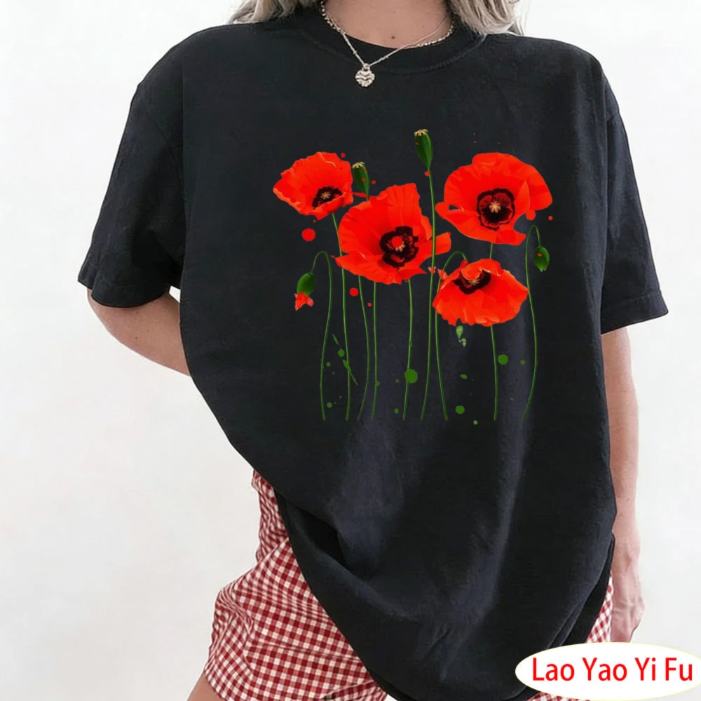 Watercolor Red Poppy Flower Gardening Plants Lover Gift T-Shirt Red Flower Graphic T-shirt Holiday Leisure and Vacation Tees