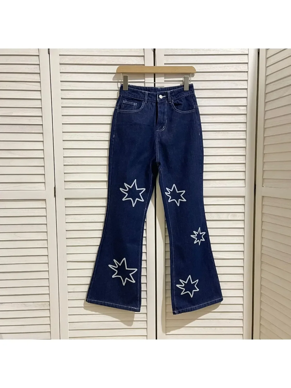 High Quality Schoolgirl's Denim Jeans Vintage Flared Stars  Pants Women's Trousers Five-pointed Star  Waist Sweet 