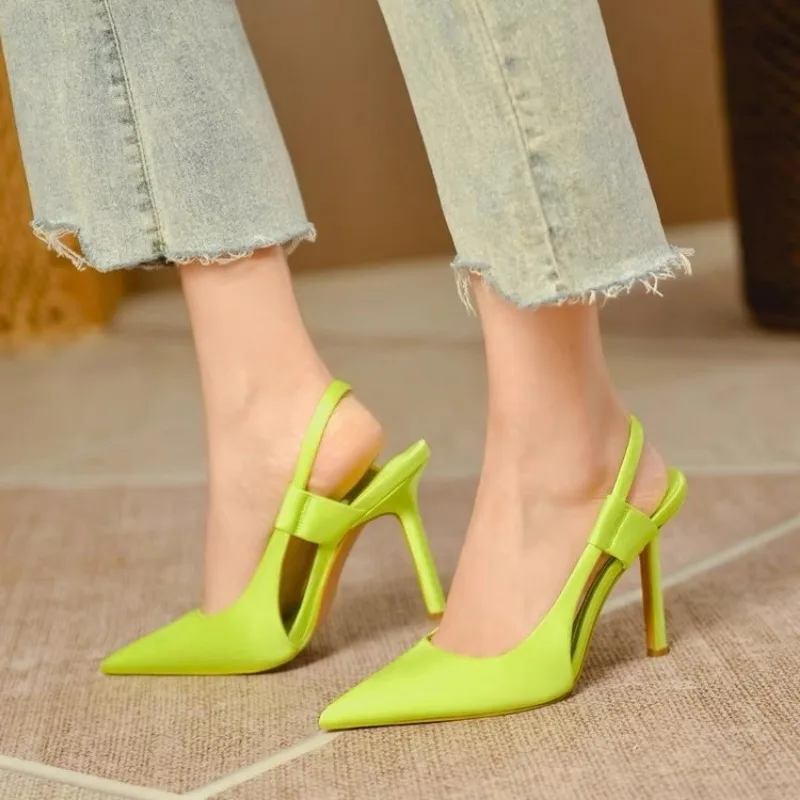 2024 Spring New Brand Women Slingback Sandals Pointed Toe Slip on Thin High Heel Ladies Elegant Pumps Shoes Drss Sandals