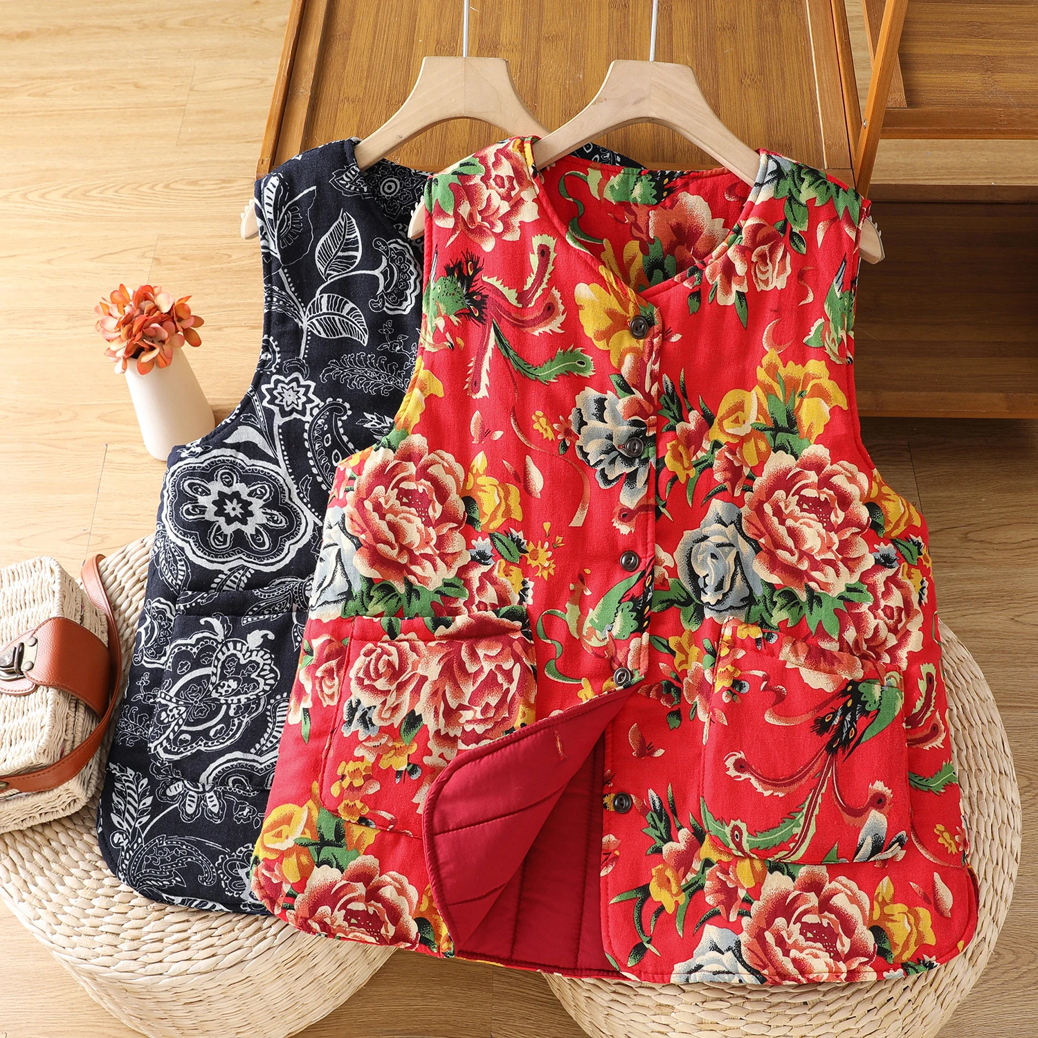 

Теплый хлопково-льняной жилет с цветочным принтом для женщин: модный, универсальный, осенне-зимний, новый стиль, комфортный, дышащий, экологичный